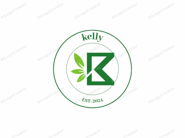 以綠色粗體大寫字母"K"為特色，並在其左上部分附有風格化的綠色葉子圖案。標誌設計簡潔、現代且極簡，強調清晰和簡約。字母"K"顯著地放置在