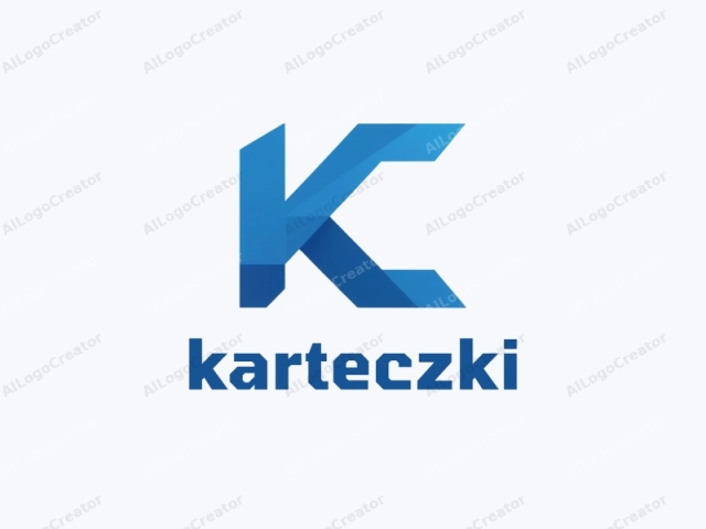 Das Bild ist ein digitales, minimalistisches Logo, das einen stilisierten, dreidimensionalen Buchstaben "K" zeigt. Der Buchstabe ist mit geometrischen Formen und Verläufen gestaltet, hauptsächlich in Blautönen. Die Blautöne variieren von hell bis dunkel, was dem Logo ein modernes Aussehen verleiht.