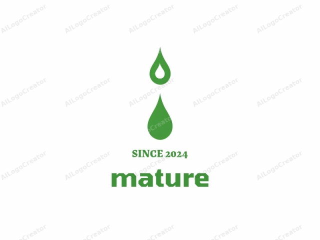 in a minimalist, flat design style. This image features two stylized teardrop shapes, one larger and one smaller, positioned vertically above one another. Both teardrops are filled with a vibrant green color, creating a striking contrast against the white