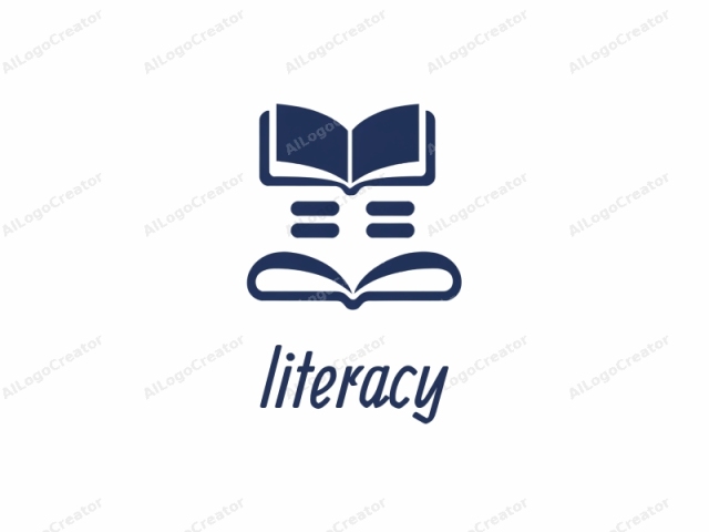 which features a simple and minimalist design style. This logo is composed of three main elements. The background is plain white, providing a stark contrast to the dark blue shapes. At the top of the logo is a stylized open book with its pages