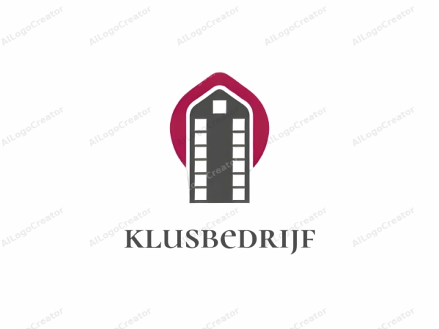 This image is a logo depicting a stylized building, likely intended for a corporate or commercial purpose. The logo features a simple, minimalist design, utilizing a color palette consisting of black, gray, and red. The main structure of the logo is