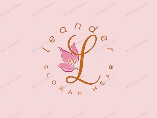 ภาพนี้เป็นโลโก้มินิมอลที่มีตัวอักษร "L" ที่ถูกออกแบบอย่างมีสไตล์ในรูปแบบตัวเขียนหวัด ไหลลื่น ตัว "L" อยู่ตรงกลางบนพื้นหลังสีชมพูอ่อน ใกล้กับด้านซ้ายของตัว "L" มี