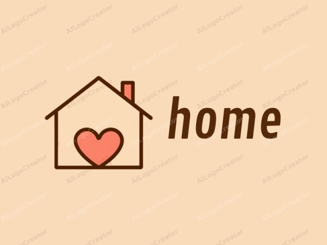 The image is a simple, minimalist drawing in a flat, digital style. It features a house icon in brown outlined on a soft, pale beige background. The house is centered and has a classic, triangular roof with a small chimney on the right