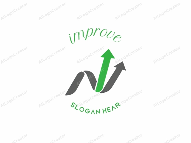 which is a digital, minimalist design. The logo features a clean, modern style with bold geometric shapes and a simple color palette. The primary colors used are grey and green, while the background is white. The central element is a grey, curved