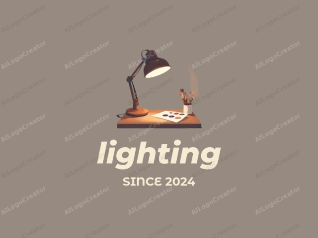 Dies ist eine digitale Zeichnung, die einen minimalistischen, warmtonigen Lernraum darstellt. Das Bild zeigt eine moderne, verstellbare Schreibtischlampe mit matter schwarzer Oberfläche und einem eleganten, geschwungenen Design, die ein warmes, gelbliches Licht wirft, das die darunter liegende Fläche beleuchtet.