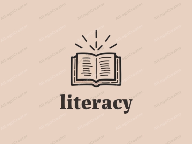 This is a minimalist digital logo depicting an open book with a few lines of text visible. The logo is drawn with clean, bold, black lines against a soft beige background. The book is positioned slightly off-center, giving it a dynamic feel.