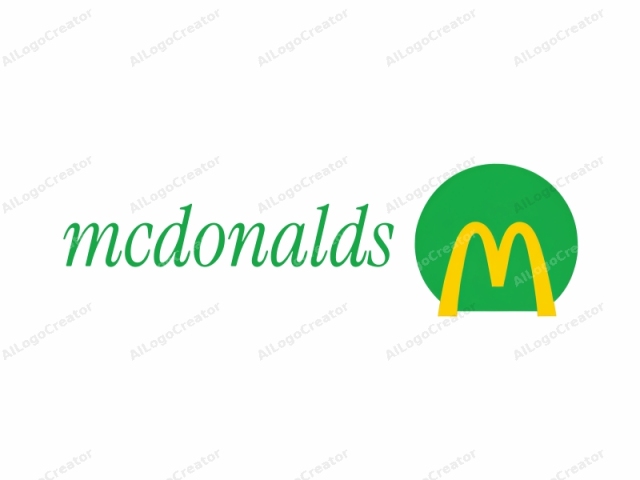 この画像は、マクドナルドのファーストフードチェーンの象徴的な黄色い曲線の「M」をモチーフにした、デジタルで作成されたミニマリストロゴで、明るい緑色のサークルを背景にしています。緑色のサークルは画像の中央部分を占めており、滑らかで丸みを帯びています。