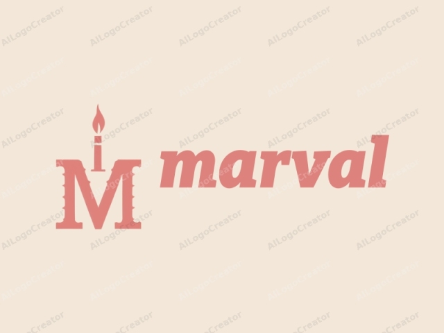 describing its artistic style and symbolism while adhering to a specific word count. This image is a minimalist logo featuring a stylized candle flame at the top of the letter "M." The flame is rendered in a soft, warm red hue, creating