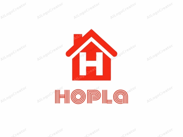 Dies ist ein einfaches, modernes Logo-Design mit einem roten, stilisierten Haus-Symbol, das ein markantes "H" in der Mitte hat. Das Haus, zentral vor einem einfachen weißen Hintergrund positioniert, hat eine klare, geometrische Form. Das Dach des Hauses ist