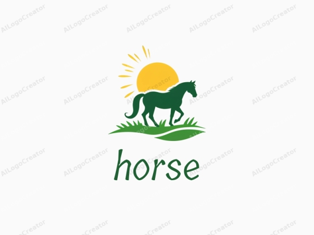 focusing on the visual elements and their significance. This is a logo design in a simple, modern, and stylized vector art form. The logo prominently features a black silhouette of a horse in mid-gallop, facing right, with its tail