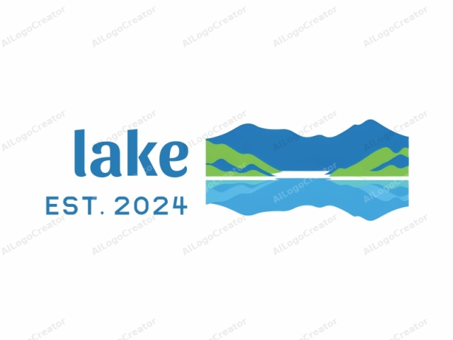 This is a minimalist, vector-based graphic logo featuring a stylized landscape. The logo comprises a symmetrical design with two prominent color blocks. At the top, there is a block representing mountains, illustrated in varying shades of blue, with the darker