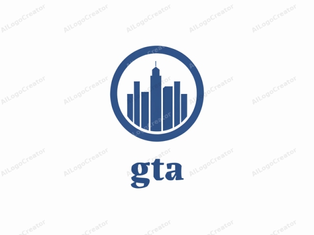 The logo is a simple, blue, circular emblem featuring a stylized skyline illustration within. The skyline consists of five tall, rectangular buildings, each with a uniform height and width, arranged in a slightly staggered formation. The tallest building is at