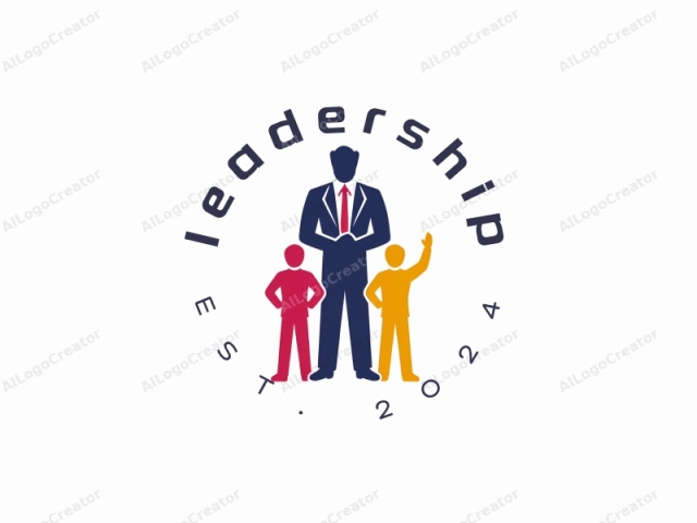 This logo features three stick figure characters set against a plain white background. The central figure is a tall, imposing man in a navy blue business suit, complete with a white shirt, red tie, and black shoes. His arms are crossed over his