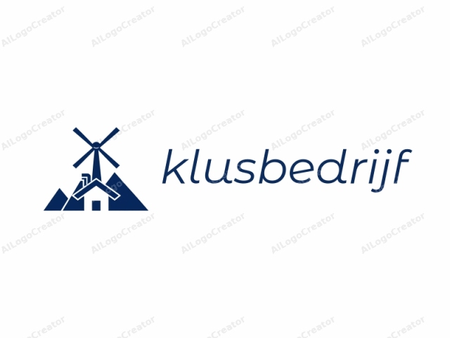 This logo is a simplified, blue, digital vector graphic set against a plain white background. The central element is a stylized representation of a wind turbine, depicted with four blades radiating from a central hub, which is located slightly above the middle