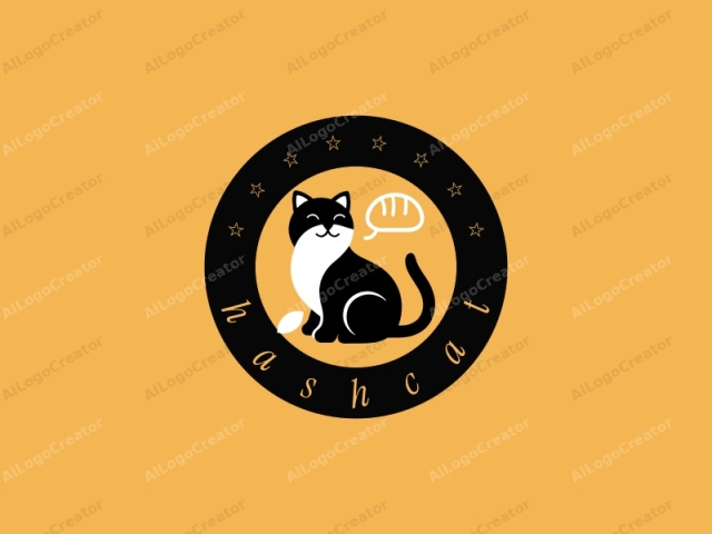 This is a minimalist, digital illustration of a black and white cat sitting on a plain mustard-yellow background. The cat is drawn in a simple, clean, and modern vector art style with bold, smooth lines. The cat's body is predominantly black