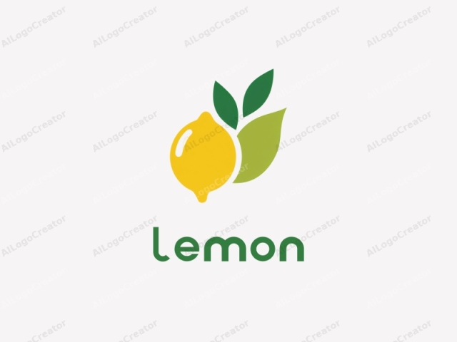 Esta es una ilustración de logotipo simplista y estilizada que representa un limón. El logotipo presenta dos componentes principales: un limón redondo y brillante de color amarillo a la izquierda, con un pequeño nudo redondo amarillo que representa el tallo, y un elemento verde con hojas.