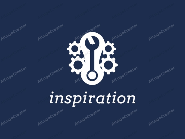 in a minimalist, abstract style. The image features a white, stylized gear symbol set against a solid, navy blue background. The gear symbol is prominently placed in the center, with a detailed representation of an open-ended wrench superimposed on the