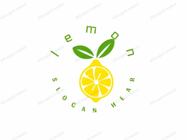 caracterizado por su estilo minimalista y moderno. Este es un logo que presenta un limón estilizado. La imagen está compuesta por dos colores primarios: amarillo y verde. El limón se representa en un amarillo brillante, con sus segmentos característicos claramente visibles, dispuestos en