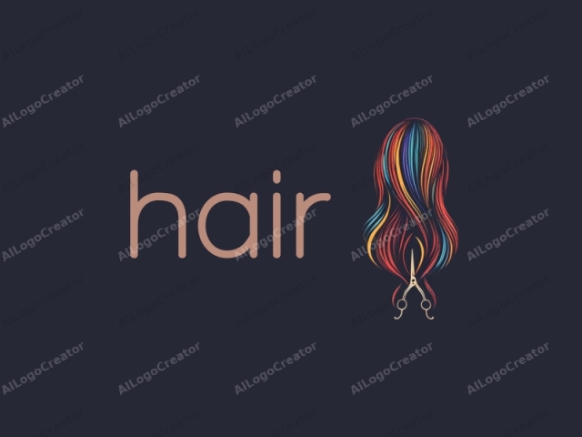 This digital logo, set against a dark navy background, depicts a stylized image of hair and scissors. The hair forms a vibrant, abstract representation with flowing, fluid lines that mimic the texture and movement of real hair. Colors are vivid and include