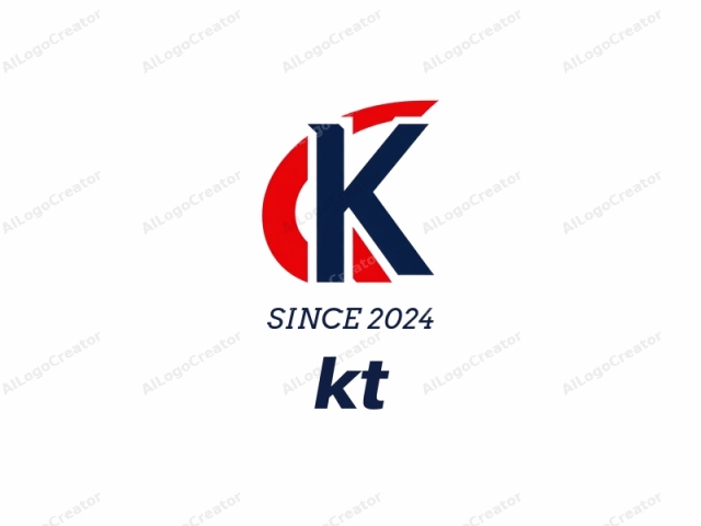 focusing on the elements' composition, color scheme, and style. This is a digital logo design featuring bold and modern geometric shapes. The primary colors used are red, blue, and white. The design prominently displays a capital letter "K" with
