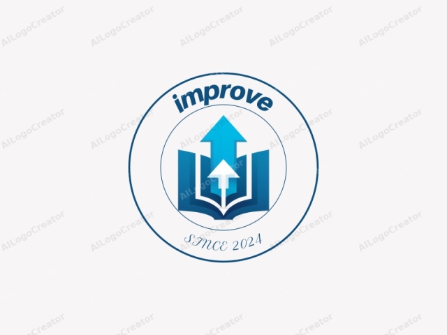 featuring a stylized, abstract design. The logo is composed of three elements: a large blue book at the center, a blue upward-pointing arrow emerging from the book's upper-right corner, and a smaller, white upward-pointing arrow super