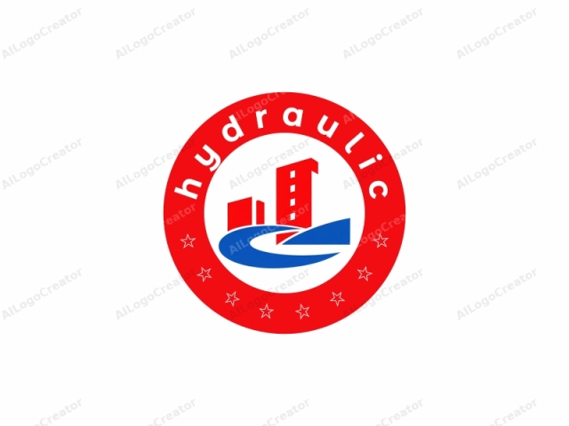 a stylized, modernistic design. The logo features a bold and simplistic composition against a stark white background. Dominant colors include red, blue, and white. In the center, there is a red skyscraper silhouette with a vertical and horizontal