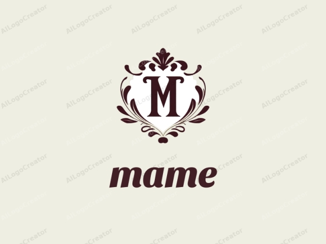 in a digital medium. This is a monochromatic logo featuring a stylized, ornamental design centered on a light beige background. The focal point is a large, bold, uppercase letter "M" in a deep maroon color, occupying the