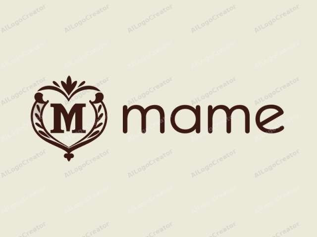 This image features a stylized, symmetrical design centered on a cream-colored background. At the heart of the image is an elaborate, heart-shaped emblem in dark brown. Within the heart, a large, bold letter "M" stands out prominently