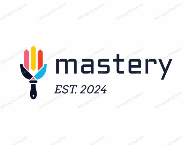 which is a digital illustration. This logo features a stylized, abstract hand painted brush. The brush handle, situated at the bottom, is black with a small circular hole at the tip for hanging, and is adorned with a black knob. The