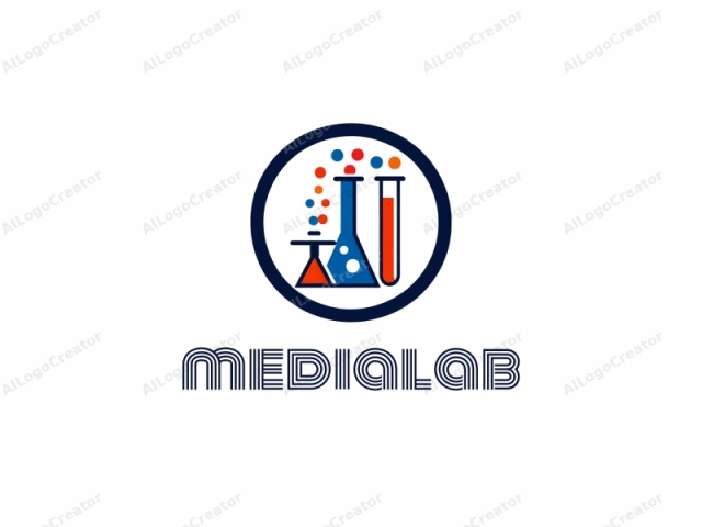 This is a colorful, stylized digital logo, designed to represent a scientific theme. The logo is encapsulated within a dark blue circle, which adds a sense of completeness and unity. Inside the circle are three main elements: a test tube on