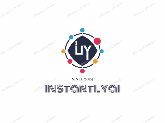 This is a digital logo featuring a clean and modern design. The central element is a bold, capital letter "I" in white, set within a diamond-shaped dark blue background. Surrounding this central "I" are several small circles in a
