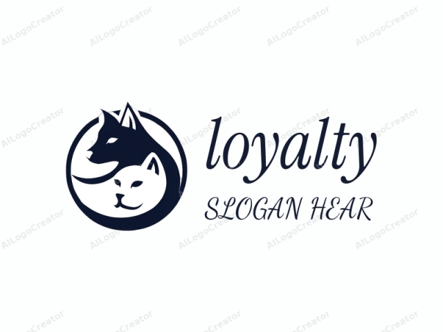 This logo is a stylized, black and white illustration, featuring a combination of a cat and a dog. The cat and dog are intertwined in a circular design. The cat, depicted on the left side, is positioned upright and slightly tilted to