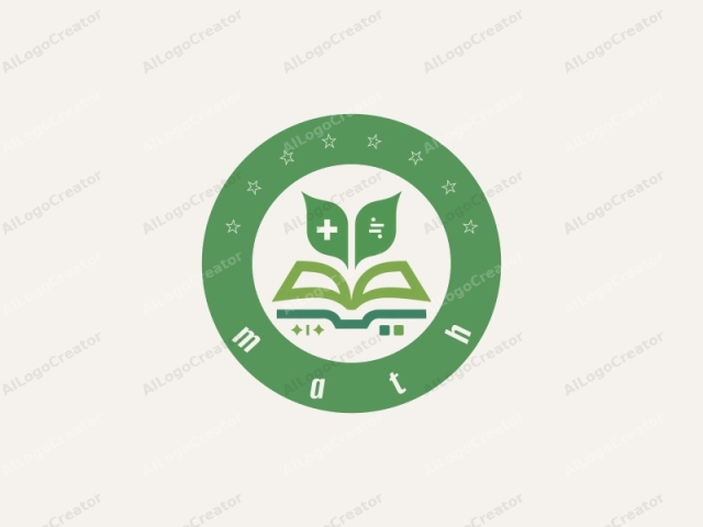 The logo is designed in a minimalist, clean style using flat colors. At the center, the main subject is a stylized depiction of an open book. The book's pages are illustrated in shades of green, with the top two pages forming the