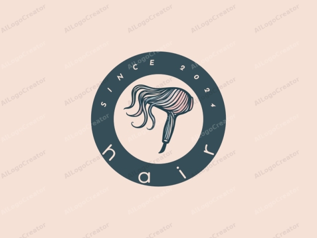 This digital logo, set against a soft, pale peach background, features a stylized illustration of a hairdryer. The hairdryer is depicted in a sleek, minimalist design with bold, clean lines and limited colors. The hairdryer