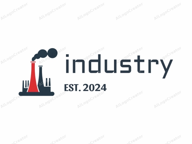該標誌是一個簡化的向量風格插圖，描繪了一個工業工廠綜合體，背景為白色。圖像的核心是三根工廠煙囪。中央的煙囪最高且最顯眼，其底部呈現明亮的紅色，逐漸