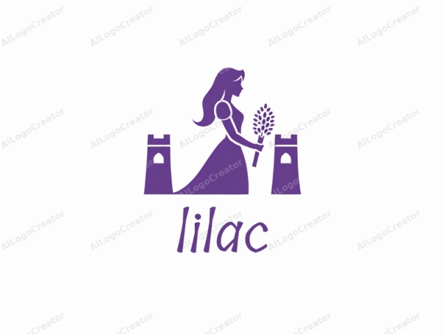 in a minimalist, stylized form. This is a vector graphic logo depicting a stylized silhouette of a woman in a medieval or regal gown, facing to the left. The figure has long hair flowing down her back and holds a sheaf of