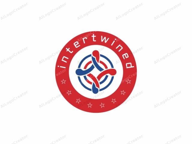 This is a simple, abstract logo featuring a central symbol composed of three interlocking, stylized shapes: one red, one blue, and one red again. The blue shape is positioned at the top of the central symbol, with the red shapes