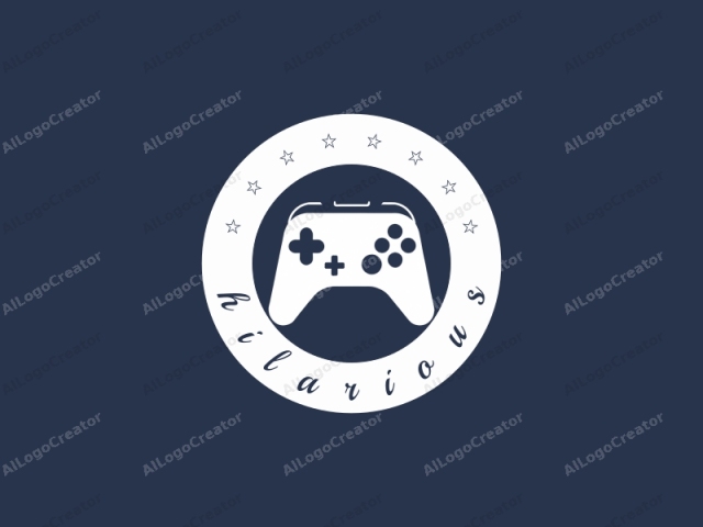 Este es un diseño de logotipo minimalista que representa un control de juegos clásico, típicamente utilizado para jugar videojuegos. La imagen está situada sobre un fondo azul marino oscuro, creando un contraste marcado que hace que el control de juegos blanco destaque visualmente. El control se representa de manera simétrica