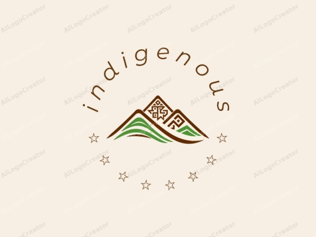 Este logotipo es un diseño estilizado y minimalista que presenta un paisaje montañoso. El fondo es de un color neutro, blanco roto, que contrasta fuertemente con los elementos marrón oscuro y verde del logotipo. El logotipo consta de dos montañas prominentes, representadas en un