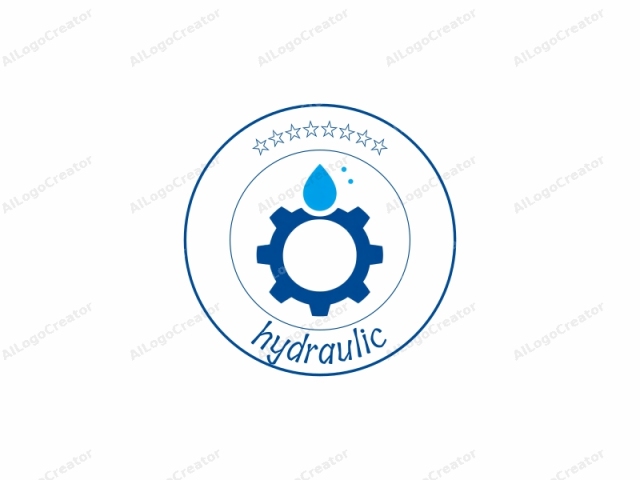using the DALL-E 2 generative AI model. The image features a minimalist, vector graphic logo with a primary focus on industrial machinery. Central to the composition is a large blue gear, representing mechanical engineering, with smooth, geometric edges and