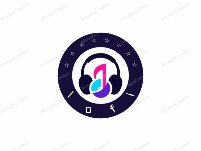 The logo is a clean, minimalist, and colorful design featuring two main elements: headphones and a musical note. The headphones are depicted in solid dark blue, with a curved, earcup shape and a headband that arches over the wearer’s