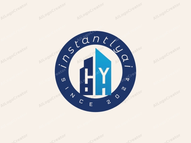 gekennzeichnet durch ein minimalistisches, modernes Design. Das Bild zeigt ein Logo, das aus zwei verschiedenen Teilen besteht, wobei jeder Teil ein anderes Gebäudeelement darstellt. Die linke Seite des Logos besteht aus einer blauen, eckigen, geometrischen Form, die einem Wolkenkratzer oder Hochhaus ähnelt