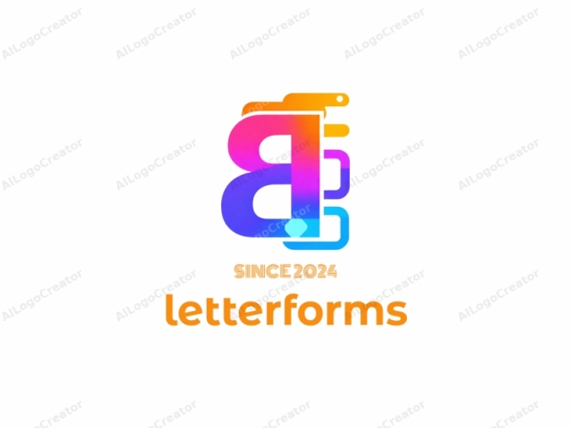 The image is a stylized logo featuring a bold, abstract shape composed of multiple interlocking, colorful elements. At the center, a prominent, large "B" is the main subject. This letter is outlined in a gradient of bright colors transitioning