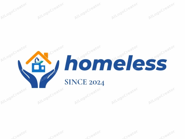 This digital logo consists of three primary elements: a large pair of stylized blue hands, a smaller stylized orange roof, and a blue square structure with a blue and white water tower. The hands, which occupy the lower portion of the image