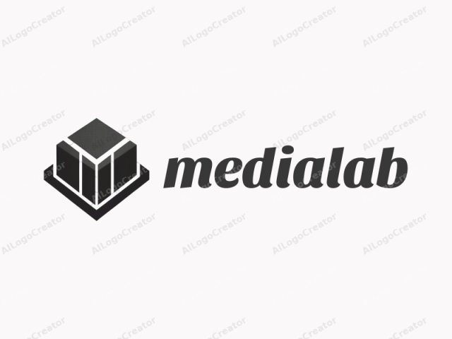 featuring a minimalist geometric design. This logo consists of a black, cube-shaped figure set against a stark white background. The cube is positioned diagonally, with its edges parallel to the frame, and its front and back faces are aligned vertically. The