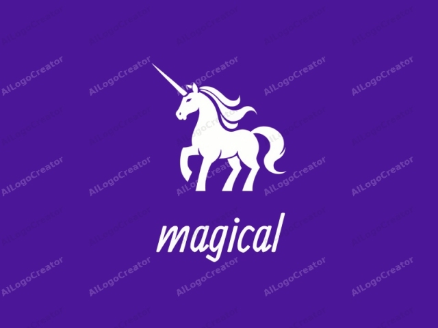 This is a minimalist, vector-based logo of a unicorn. The unicorn, depicted in white, stands prominently on the right side of the image against a solid purple background. The unicorn is stylized with clean, bold lines and geometric shapes, lacking