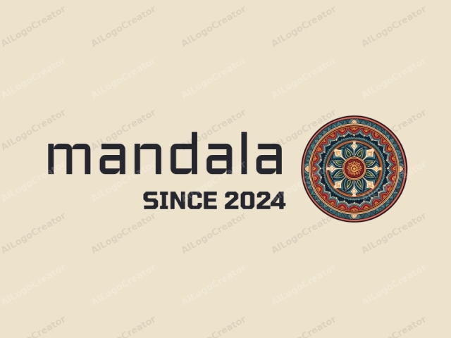 This image is a detailed, circular logo design featuring a mandala motif. The mandala is intricately detailed and symmetrical, with vibrant colors and precise lines. At the center of the mandala is a circular pattern filled with small, yellow