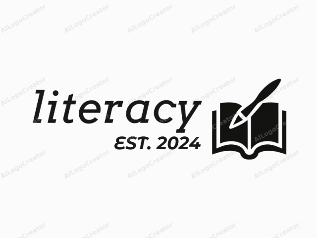 This is a minimalist, black-and-white logo depicting an open book with a stylus pen resting diagonally across its pages. The stylus, which appears like a pen with a curved, pointed tip, is positioned near the top-right corner of