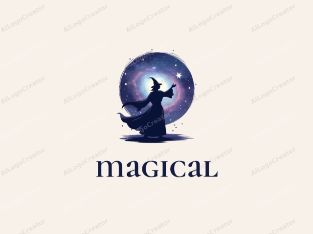 The image is a digital illustration in a stylized, minimalist art form. It features a silhouette of a wizard-like figure standing on the left side of the image. The figure is wearing a pointed wizard hat and a flowing robe, giving an iconic