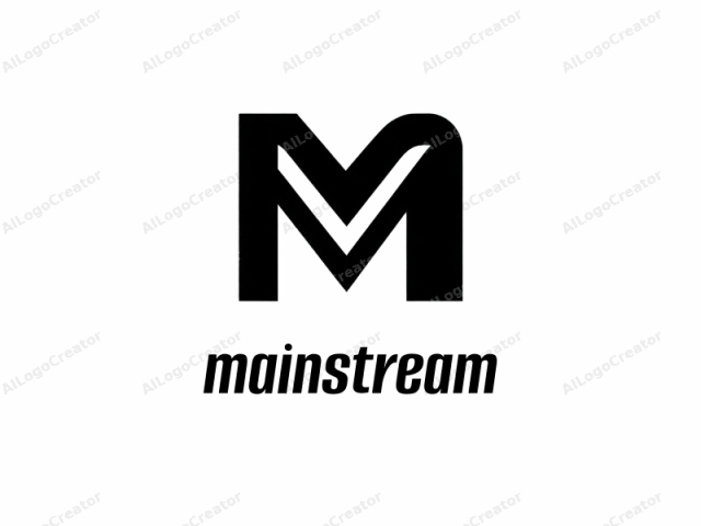 Dies ist ein minimalistisches Logo mit einem mutigen, monochromen Design. Das Logo besteht aus zwei ineinandergreifenden, geschwungenen Linien, die die Form eines großen "M" bilden. Die linke Hälfte des "M" besteht aus einer dicken, vertikalen Linie, die sich schneidet